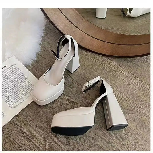 Elegant High Heels Shoes Female Sexy Ankle Straps Black White Women's Heeled Platform Party Shoe Dress Pumps Ladies