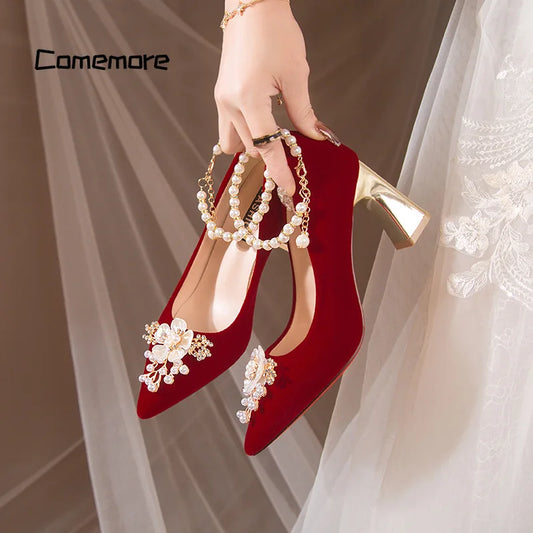 Comemore Red High Heel Chinese Style Bridal Wedding Shoes Women Beaded Women's Shoe Pointed Toe Pumps Fashion Pump Heels 34