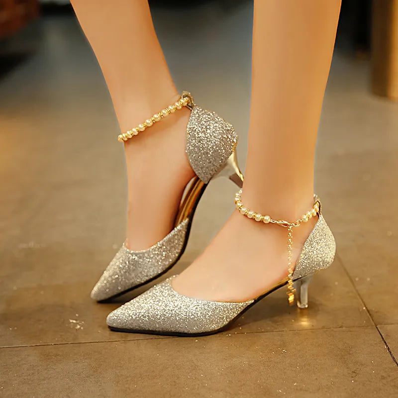 Trendy Pointed Toe Wedding Bridal Low Heels Shoes Female Party Mules Elegant Women Pumps Designer Shoes Sexy Dress Shoes Gold Silver Bling Bling Glitter