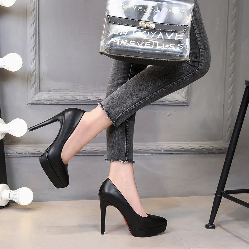 Casual Dress Work Office Women's Pump 12cm High Heels 3cm Platform Fetish Nightclub Pumps Lady Leather Stiletto Prom Black