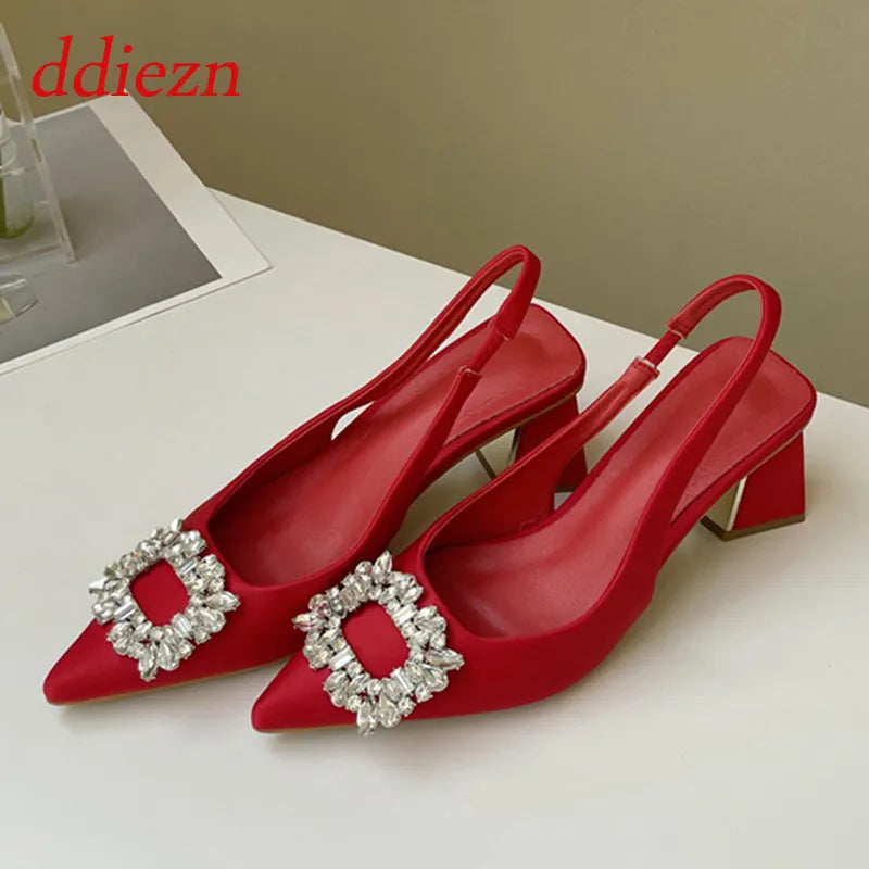 Crystal Ladies Pumps Shoes Female Footwear Summer Fashion Pointed Toe Elegant High Heels Woman Red Sandals For Weddings