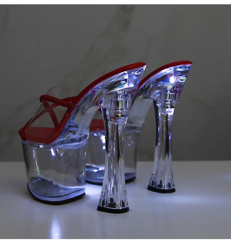 Flash 18cm Transparent Sexy Fetish Shoes Open Toe Super High Heel 7 inch Nightclub Thick With Platform Taiwan Slippers For Women