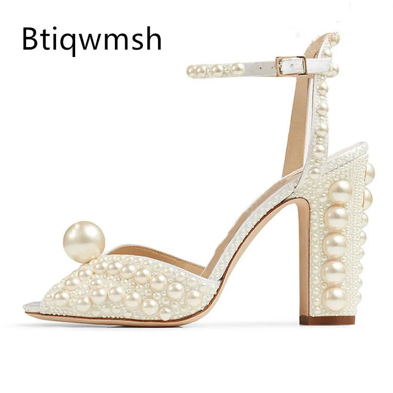 Elegant Big Pearl Gladiator Sandals Women's Shoes Open Toe Rhinestone Diamond High Heels Pumps Women's Bridal Wedding Shoes