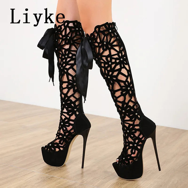 Liyke 16CM Ultra-Thin High Heels Sexy Nightclub Hollow Out Over Knee-high Boots Women Peep Toe Lace-Up Zip Platform