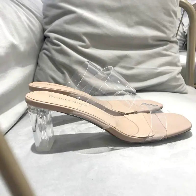 Sexy Stylish Comfy Summer Women Pumps Sandals PVC Jelly Slippers Open Toe High Heels Women PVC Transparent Perspex Slippers Clear Sandals Beige