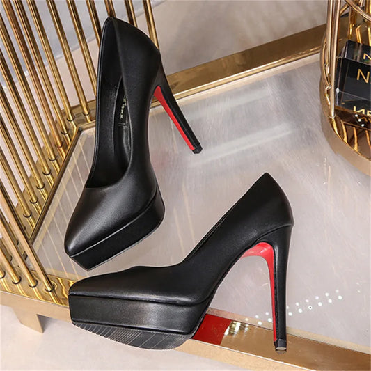 Casual Dress Work Office Women's Pump 12cm High Heels 3cm Platform Fetish Nightclub Pumps Lady Leather Stiletto Prom Black