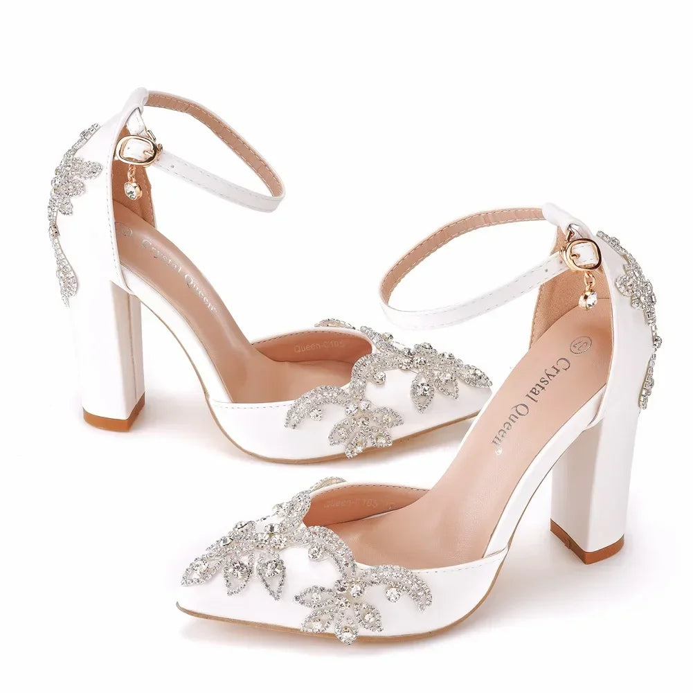 Elegant Rhinestone Bling Bling Thick Heels Pointed Toe Bridal Wedding Shoes Large Size  Thick Heel Sandals Women Rhinestone White Wedding Bridal Women