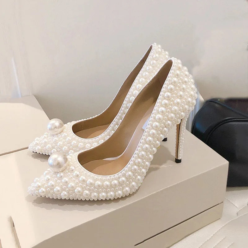 Charming Pearl Pointed Toe Stiletto High Heels Bride Banquet Wedding Shoes Woman White Slip-on Spring Summer Fairy Pumps