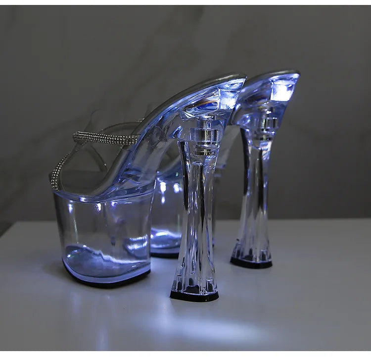 Flash 18cm Transparent Sexy Fetish Shoes Open Toe Super High Heel 7 inch Nightclub Thick With Platform Taiwan Slippers For Women