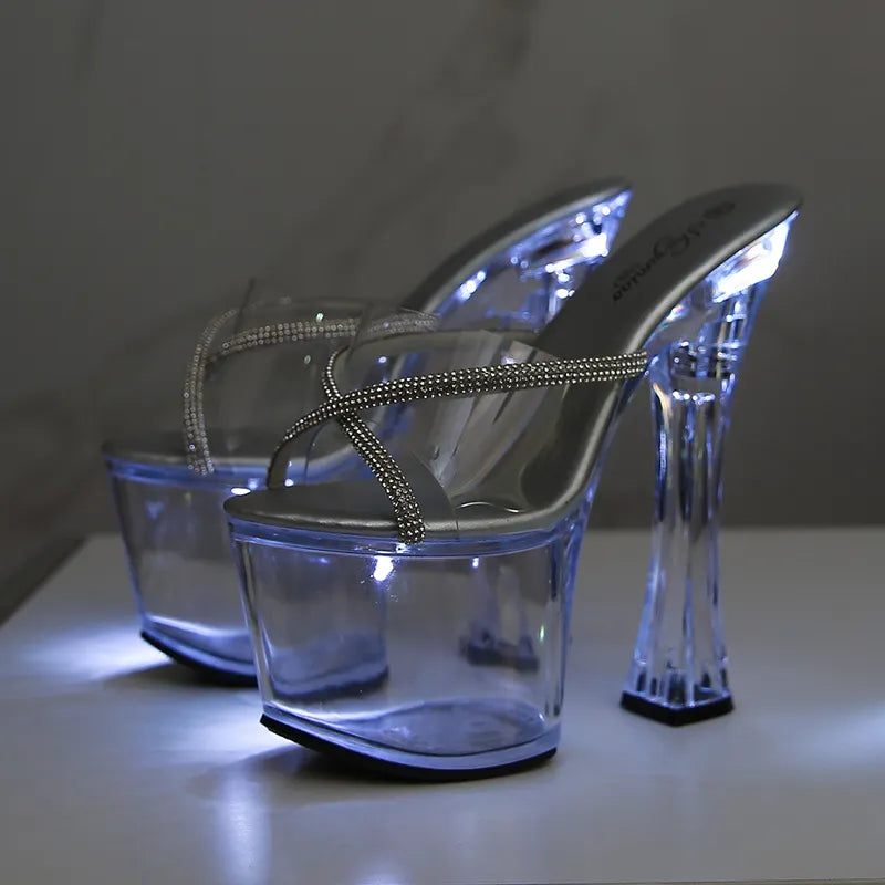 Flash 18cm Transparent Sexy Fetish Shoes Open Toe Super High Heel 7 inch Nightclub Thick With Platform Taiwan Slippers For Women