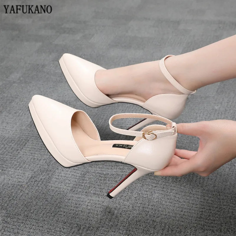 Ankle Straps Women's Sandals 10 Cm Sexy Pointed Toe Platform Pumps Matte Leather Ladies High Heels Beige Black Pink