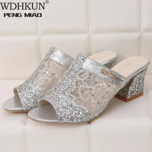 Women Sandals Ladies Summer Slippers Shoes Low Square Heels Fashion Rhinestone Bling Bling Glitter Floral Embroidery Summer Zapatos De Mujer