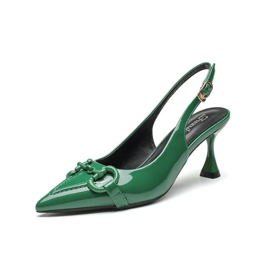 Trendy Woman Green Pumps Low Heels Luxury Designer Metal Pointed-toe Shallow Mouth Black Party Green Beige Glossy Smooth