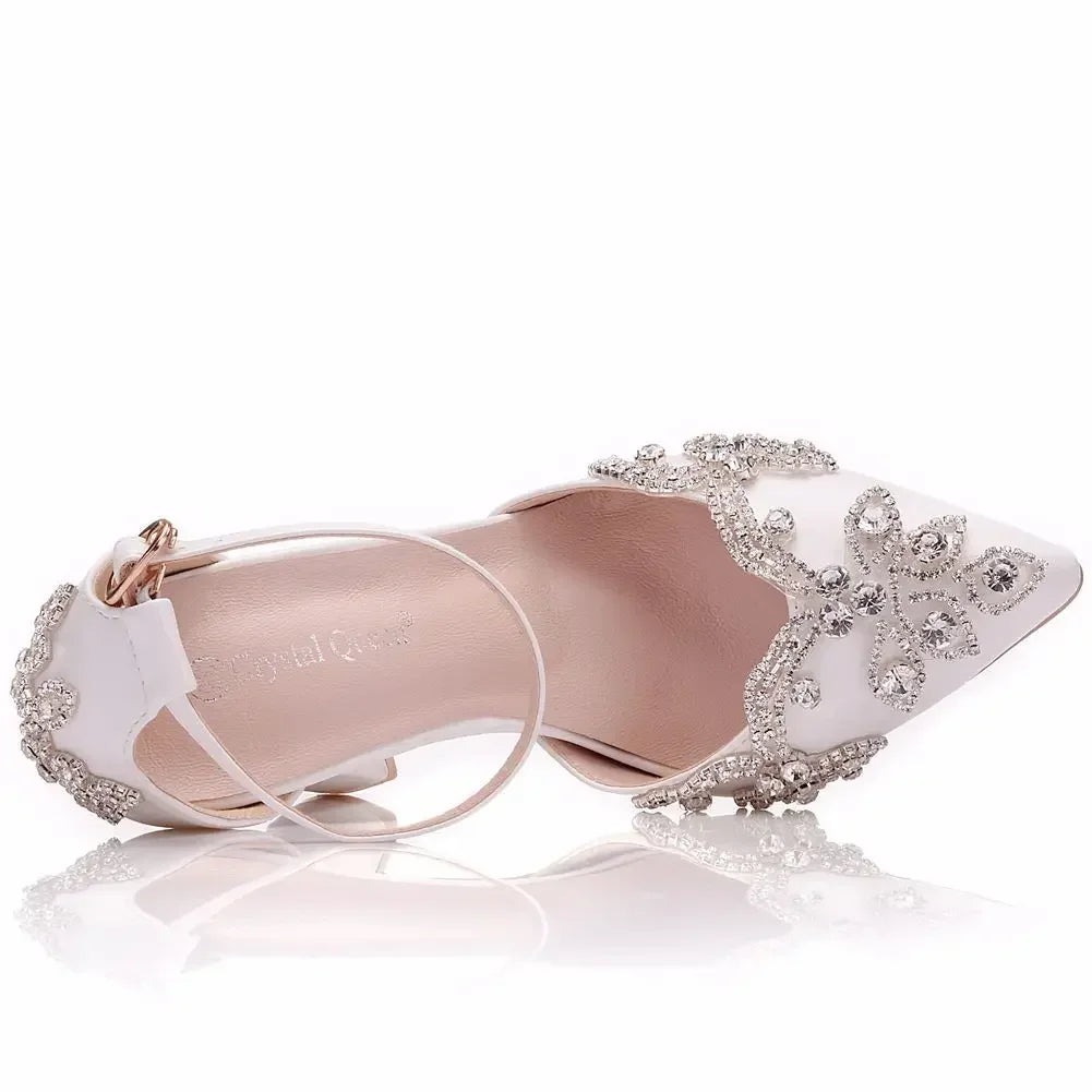 Elegant Rhinestone Bling Bling Thick Heels Pointed Toe Bridal Wedding Shoes Large Size  Thick Heel Sandals Women Rhinestone White Wedding Bridal Women