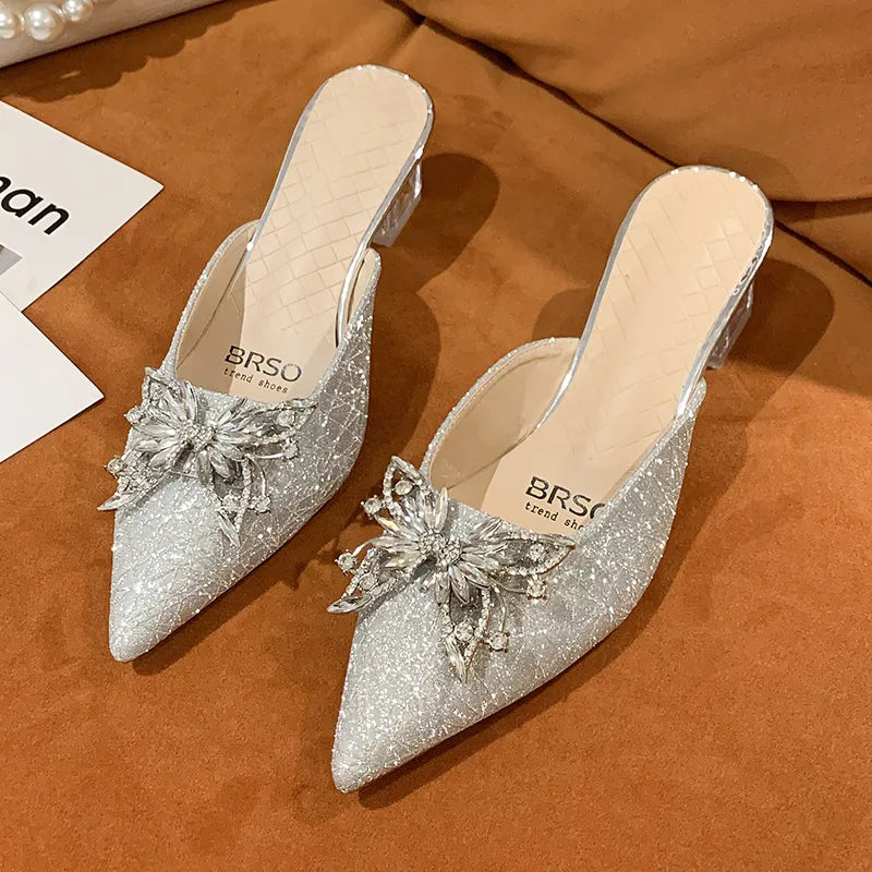 Women's Rhinestone Low Heels Slip on Mules Shoes Pointed Toe Bow Knot Wedding Bridal Plus Size