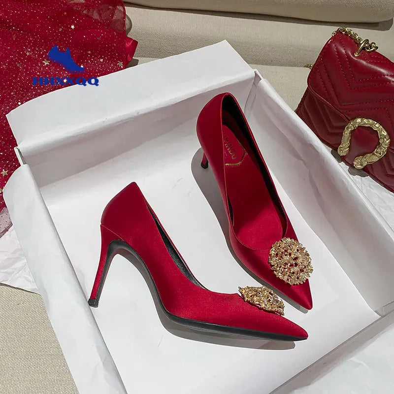 Bridal Wedding Women's Pumps Rhinestone Pointed-toe Red Medium High Heels Bright Red Gold