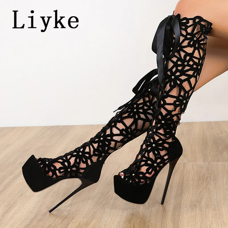 Liyke 16CM Ultra-Thin High Heels Sexy Nightclub Hollow Out Over Knee-high Boots Women Peep Toe Lace-Up Zip Platform