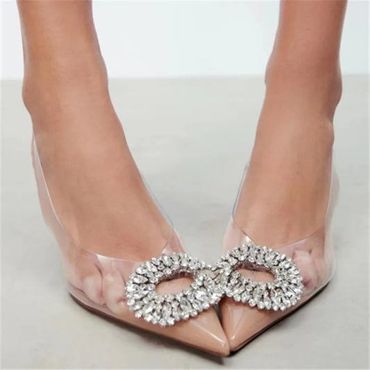 Women's Sandals Luxury Brand Summer Fashion Transparent Rhinestone Pointed High Heels Beige 8cm Ladies Sexy Heels